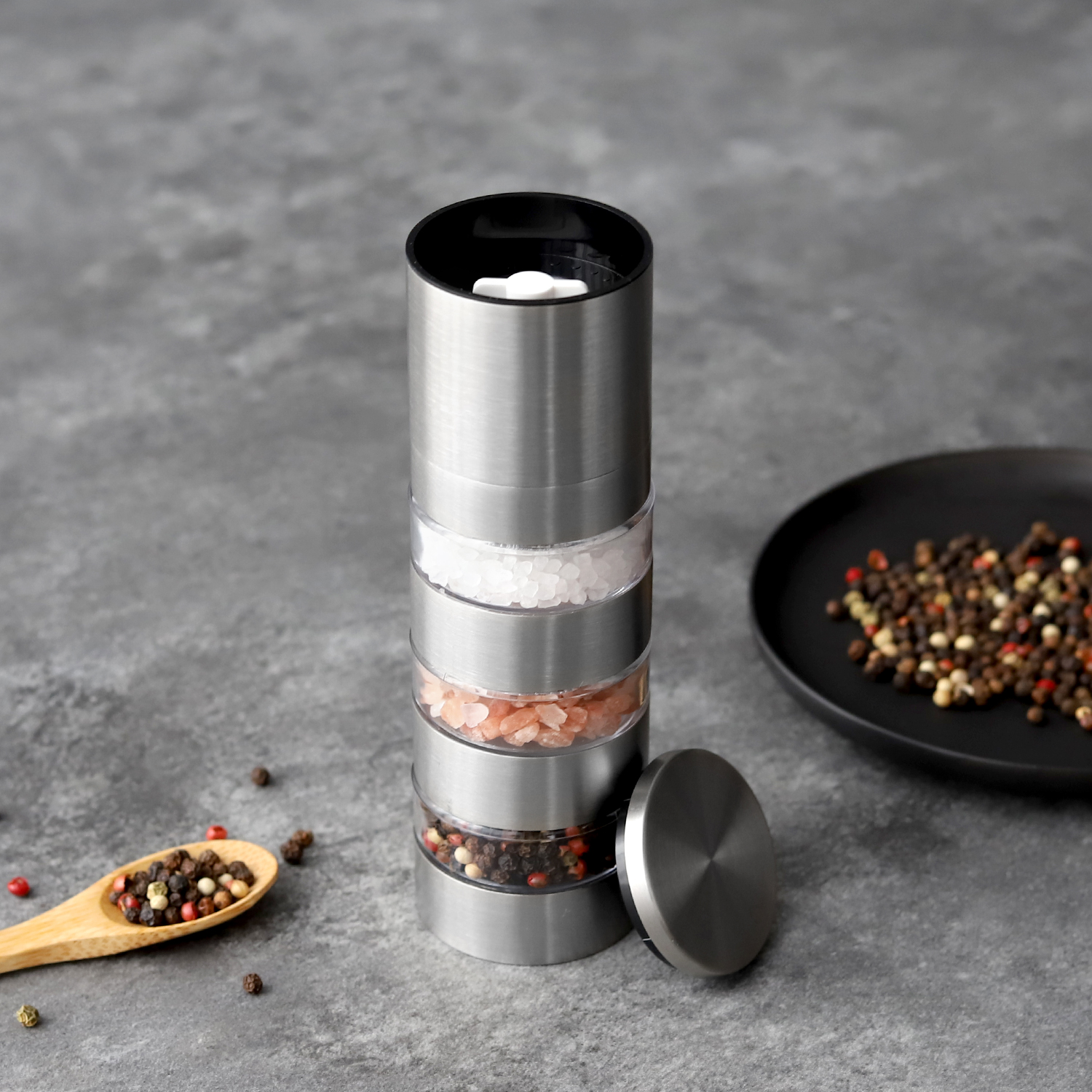 3 Layer Metal Salt and Pepper Grinder with Adjustable Burr