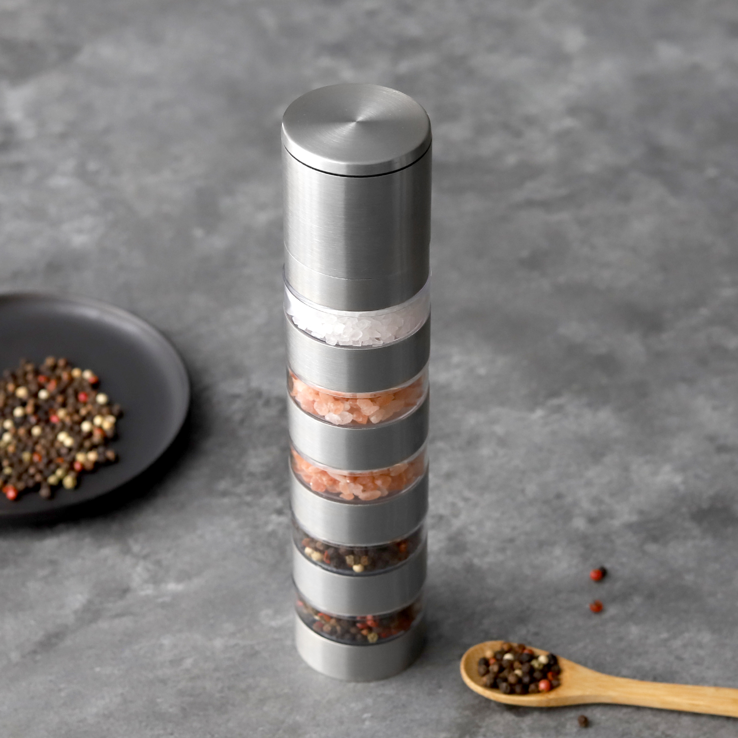 Bulk Space-Saving Multi-Layer Spice Grinder with Adjustable Ceramic Burr
