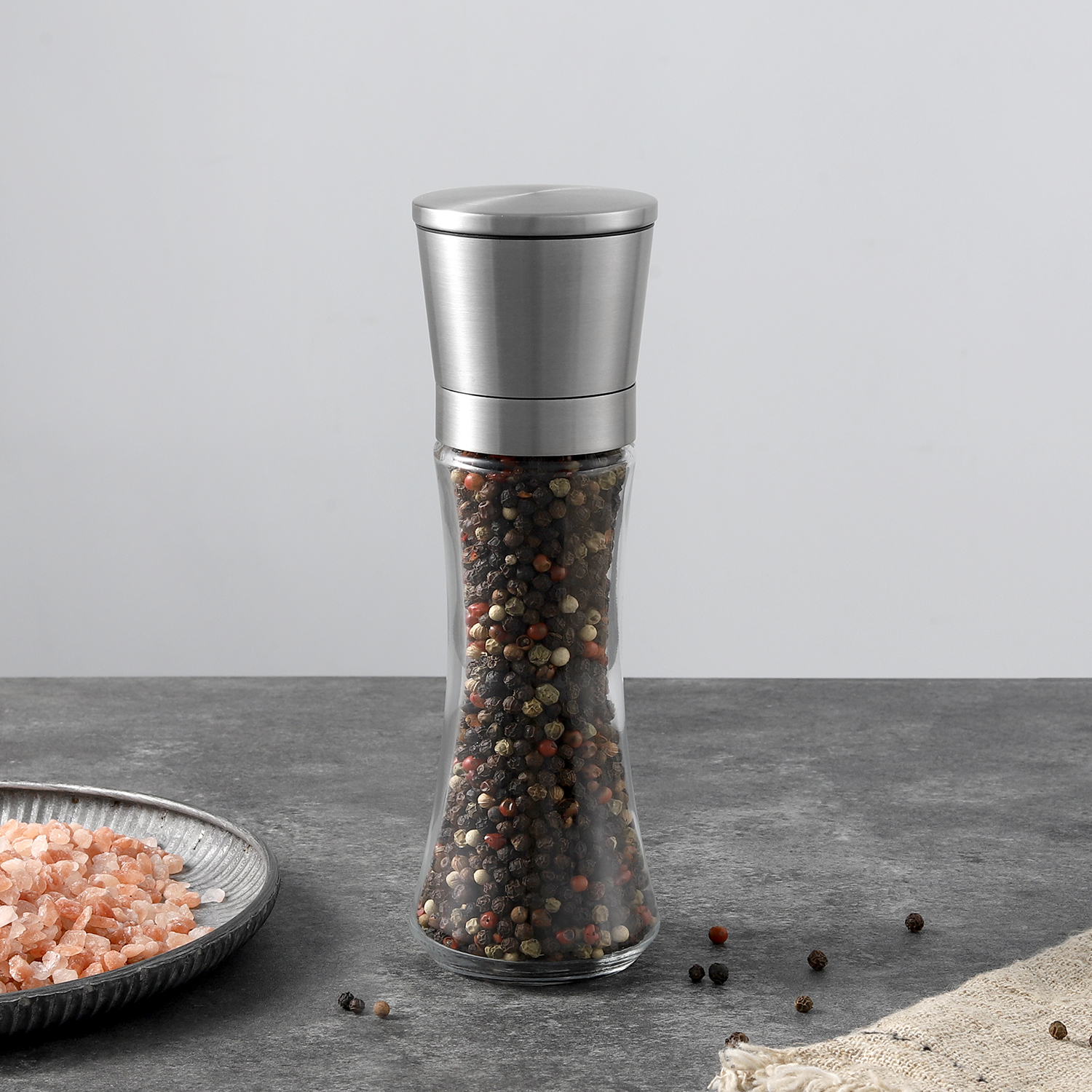 ODM Curved Glass Salt and Pepper Grinder with Adjustable Ceramic Burr